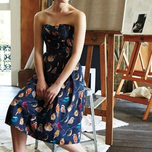 Maeve Strapless Cotton Navy All Over Bird Print Dress Sz 0. Womens - Picture 3 of 9